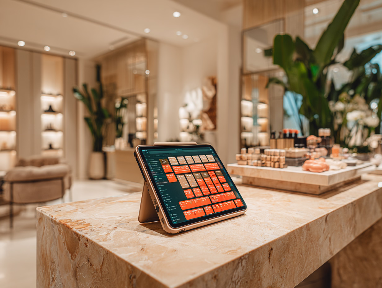 Tablet showing calendar interface in spa salon